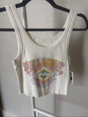 NWT Billabong White Cropped Tank with Retro Multicolor Surf Graphic
